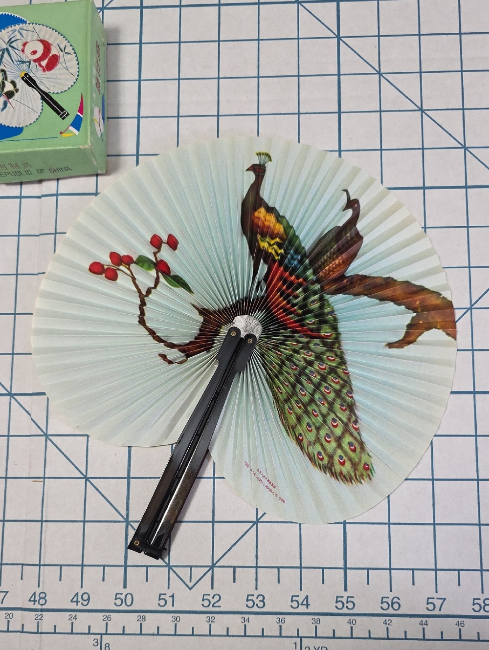 Chinese Paper Folding Hand Fan W/Metal Handle, VTG Mid-Century, #54